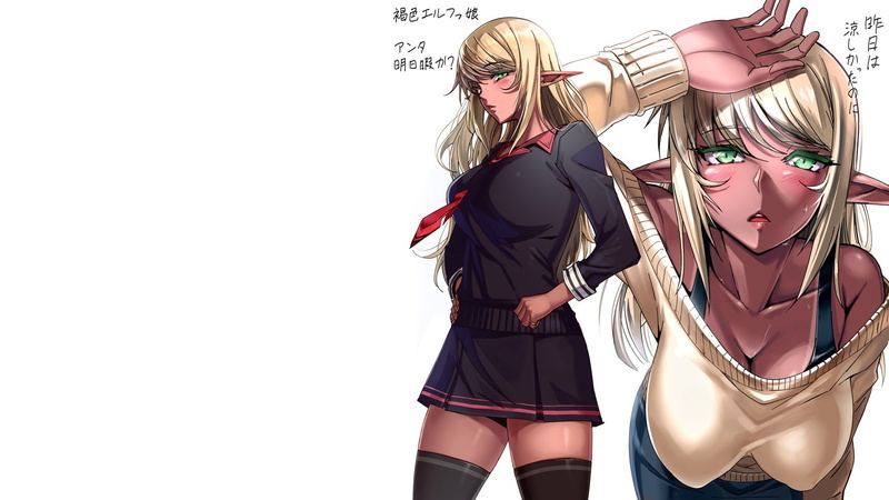 blonde, zettai, dark, long, breasts, hair, ryouiki, original, pointed, cleavage, skin, thighhighs, green, eyes, nyamota, 720P, white, seifuku, stockings