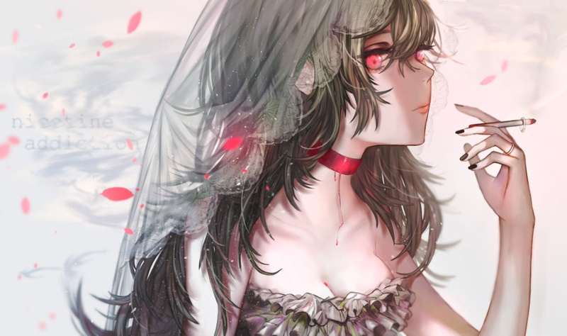 petals, wedding, brown, attire, headdress, cigarette, red, eyes, hair, cleavage, long, original, (piko519), choker, 720P, breasts, hojiro