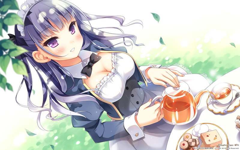 pan, blush, (mimi), leaves, maid, bow, cleavage, 1080P, dress, hair, purple, drink, food, kokonoe, maria, long, eyes, breasts, headdress