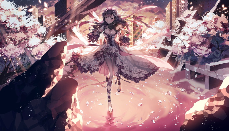 stay, night, purple, petals, bow, breasts, eyes, fate, cleavage, sakura, hair, 1080P, instrument, matou, violin, ser323, dress, ribbons