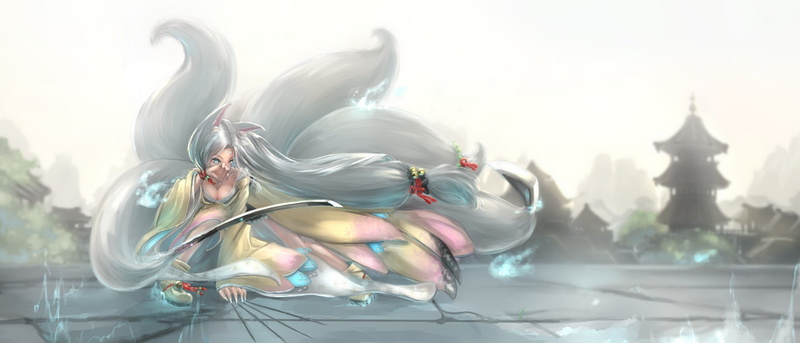 ears, hair, original, long, 1080P, weapon, tail, tails, kikivi, bell, multiple, animal, cleavage, gray, sword, foxgirl, breasts