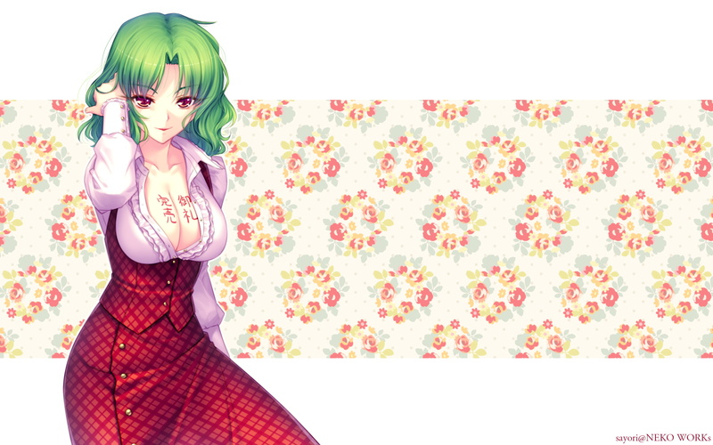 breasts, watermark, eyes, short, photoshop, artifacts, dress, cleavage, touhou, 2K, hair, green, yuuka, jpeg, sayori, shirt, open, kazami, red