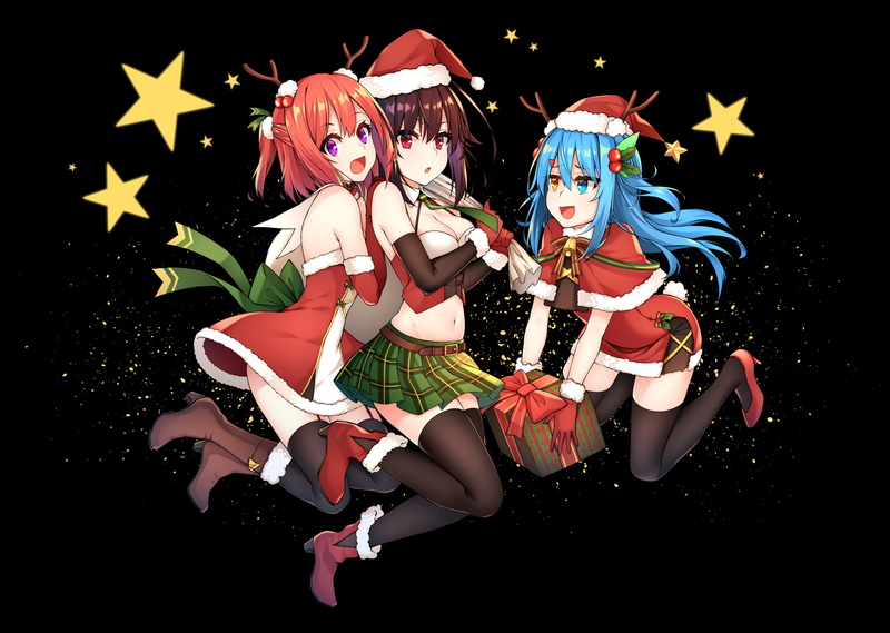 cleavage, navel, com, hat, gloves, aqua, eyes, 257701, boots, helther, horns, stockings, original, breasts, hair, bow, red, bell, christmas, skirt, gray
