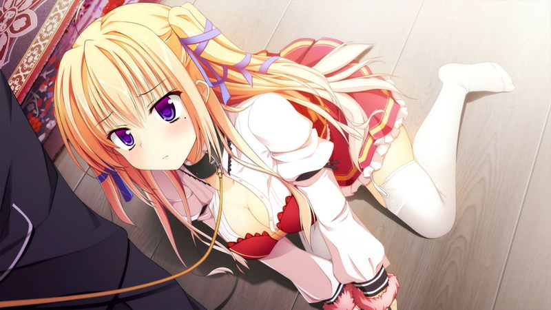kannon, hair, ensemble, cleavage, blue, breasts, eyes, stockings, company, 720P, jinguuji, reika, thighhighs, blonde, ouji, game, collar