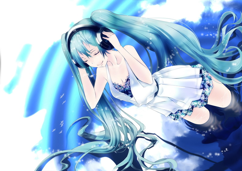 hatsune, water, headphones, miku, poker face 008, breasts, cleavage, hair, long, 720P, wet, dress, aqua, twintails, vocaloid