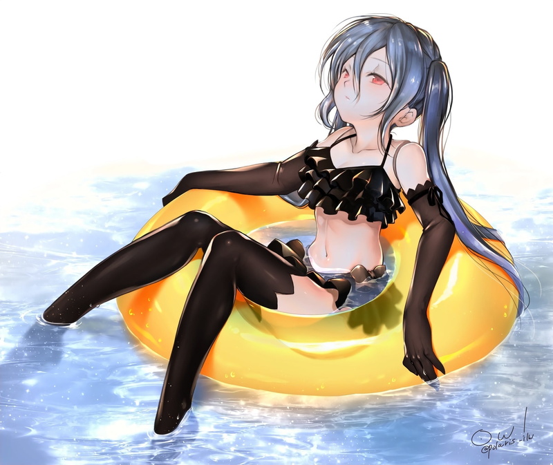 eyes, swimsuit, 248822, gray, ring, gloves, bikini, orchid, breasts, 1080P, konachan, elbow, yuitanpo, red, swim, thighhighs, hair, navel, cleavage, long
