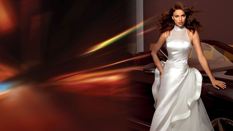 1080P, green eyes, brunette, Irina Shayk, white dress, car