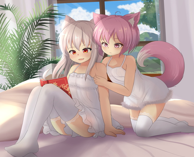 com, thighhighs, 260558, wolfgirl, konachan, animal, ears, 1080P, bed, tail, hotel01, aliasing, underwear, original