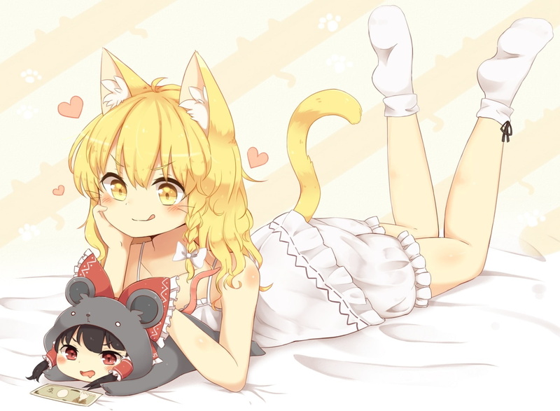 hoodie, 720P, ears, chibi, animal, mousegirl, catgirl, blush, underwear, 2girls, braids, eyes, black, touhou, yellow, bow, com, 251368, red, hair, tail