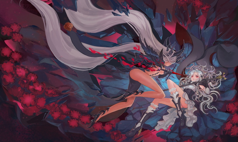 2K, panties, red, horns, dress, weapon, sword, cleavage, hair, boots, staff, long, breasts, girls, quaanqin, underwear, gray, original, flowers, eyes
