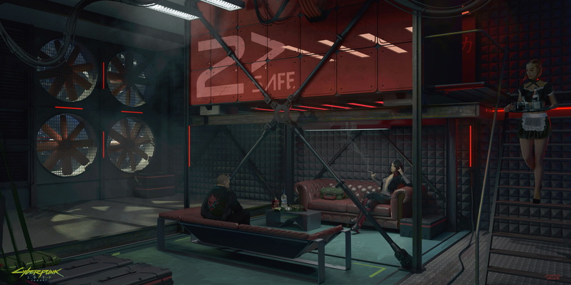 artwork, women, concept art, stairs, drugs, couch, fantasy girl, waitress, 2K, science fiction, smoking, cyberpunk, digital, Cyberpunk 2077, video games