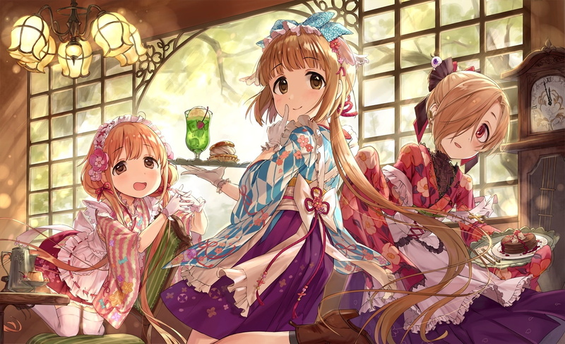 festival, toy, sculpture, amusement park, female likeness, multi colored, creativity, art and craft, futaba anzu, waitress, representation, carousel, day