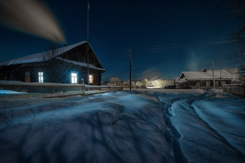 lighting, stars, Ural, landscape, 1080P, home, winter, Andrei, village, nature, Perm Krai, night, snow