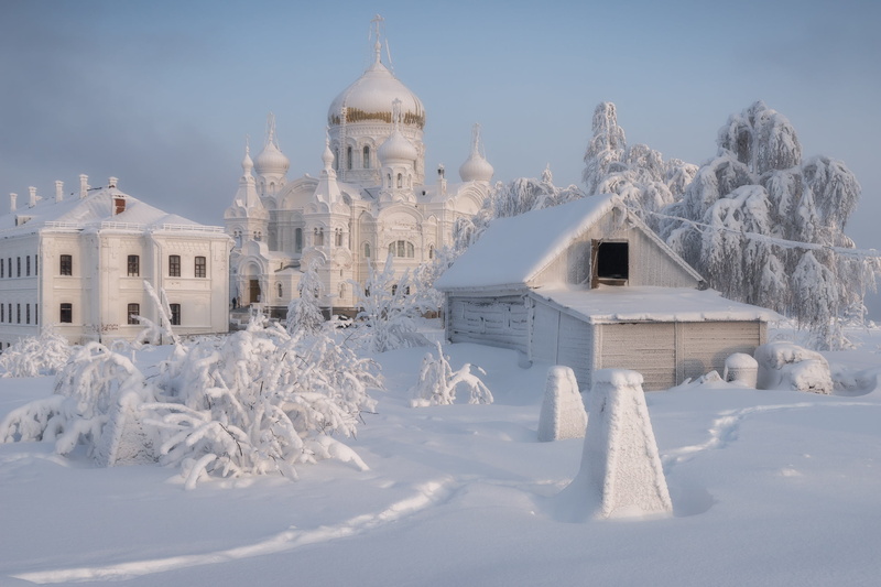 winter, Perm Krai, temple, dome, landscape, the monastery, 1080P, snow