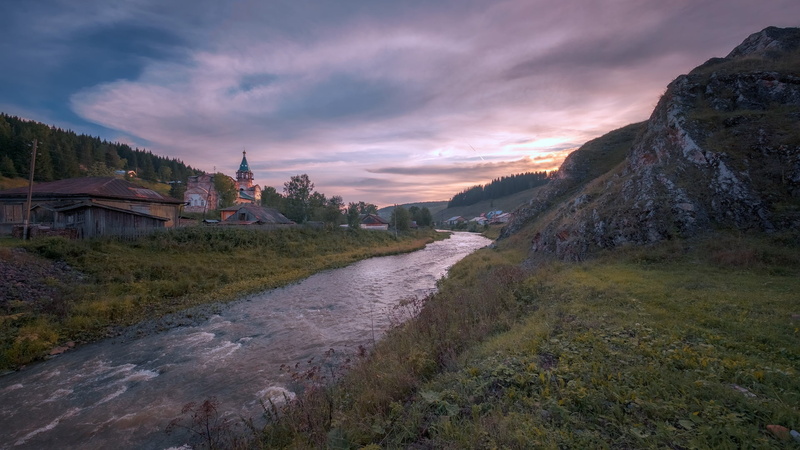 Church, rocks, landscape, forest, 1080P, nature, river, sunset, Perm, Ural, home, Andrei, twilight, Bank, mountains