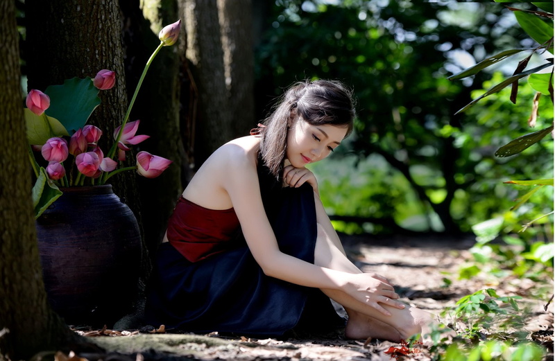 Vase, Lotus, Girl, 1080P, Vietnamese, Bokeh, Asian, Women