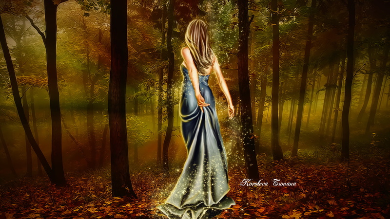 hairstyle, light - Natural Phenomenon, magic, sensuality, people, leisure activity, red, leaf, dress, human arm, woodland, young Adult, females, art, glamour