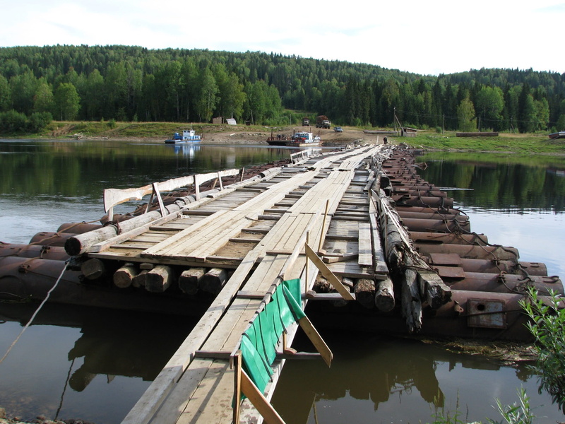 russia, transport, bridge, nautical vessel, crossing, non-urban scene, trees, nature, landscape, the vishera river, moored, tranquility, clouds, perm krai