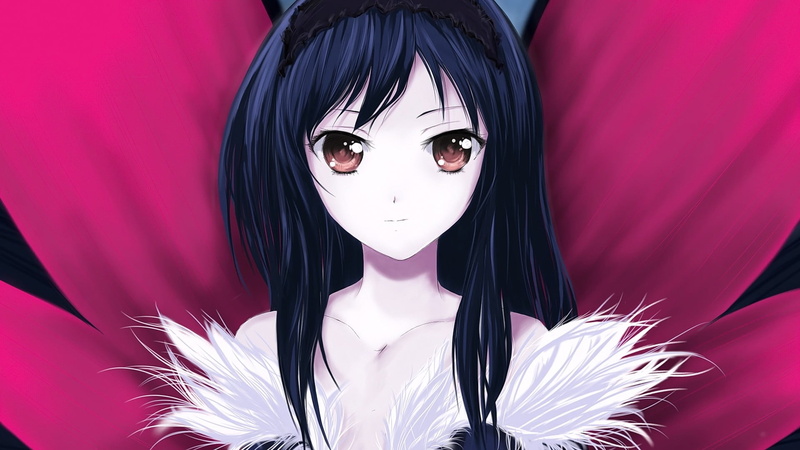 mask, unrecognizable person, Kuroyukihime, smiling, one person, young adult, fashion, anime, hairstyle, front view, indoors, looking at camera, portrait