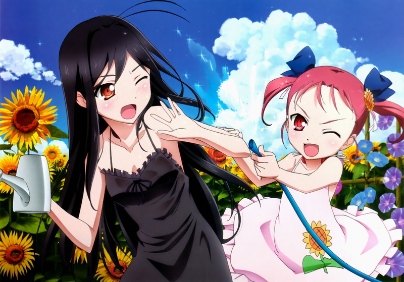 black dress, Accel World, anime girls, clouds, Kuroyukihime, flowers, 2K, white dress, Kouzuki Yuniko