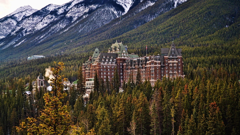 The Fairmont Banff Springs, building, trees, mountains, landscape, hills, 2K, snowy peak, Canada, old building, Banff National Park, castle, pine trees