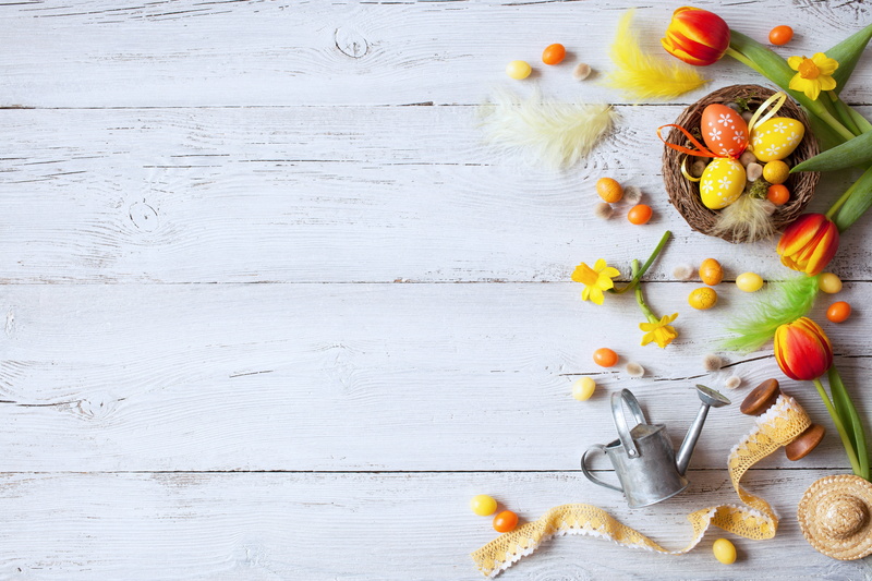 flowers, Happy, spring, the painted eggs, daffodils, Easter, colorful, 5K, decoration, wood, tulips, eggs