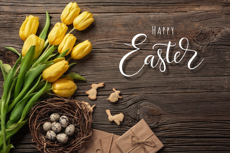 bouquet, Easter, yellow, happy, 5K, wood, flowers, colorful, tulips, eggs, decoration