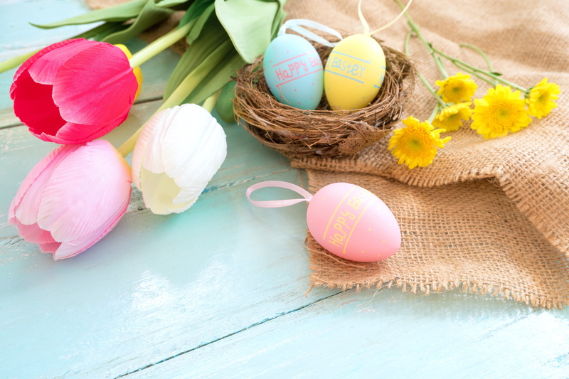 basket, pink, wood, Happy, tulips, 4K, Easter, tender, colorful, decoration, flowers, eggs, spring