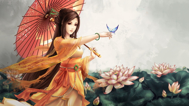 anime, Asian, arts culture and entertainment, traditional clothing, flower, 720P, butterfly, clothing, fashion, plant, fantasy girl, umbrella, adult, beautiful woman