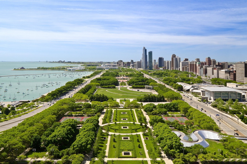 travel destinations, office building exterior, built structure, architecture, city, USA, green color, 1080P, ornamental garden, high angle view, sky, tree