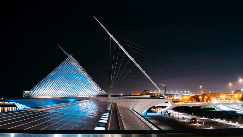 motion, speed, night, building exterior, built structure, transportation, travel destinations, stars, light trail, city, sky, museum, outdoors, milwaukee
