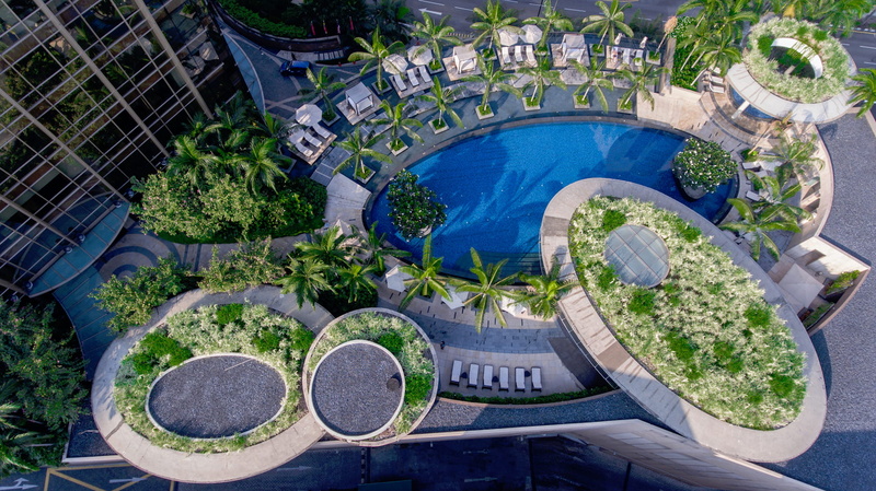 geometric shape, buildings, office building exterior, structure, built structure, trees, swimming, swimming pool, 720P, building exterior, water, city