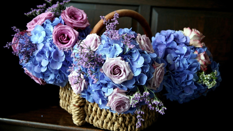 white, artificial, rose, Basket, purple, 2K, bouquet, Flowers, blue, full