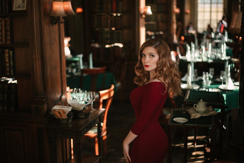 women indoors, red nails, tight dress, red lipstick, looking at viewer, model, 720P, brunette, women, restaurant, portrait