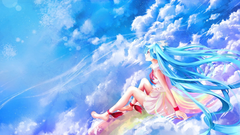 young adult, beautiful woman, sitting, sea, wind, beauty, carefree, outdoors, anime girls, Vocaloid, women, day, Hatsune Miku, cloud - sky, adult, clouds