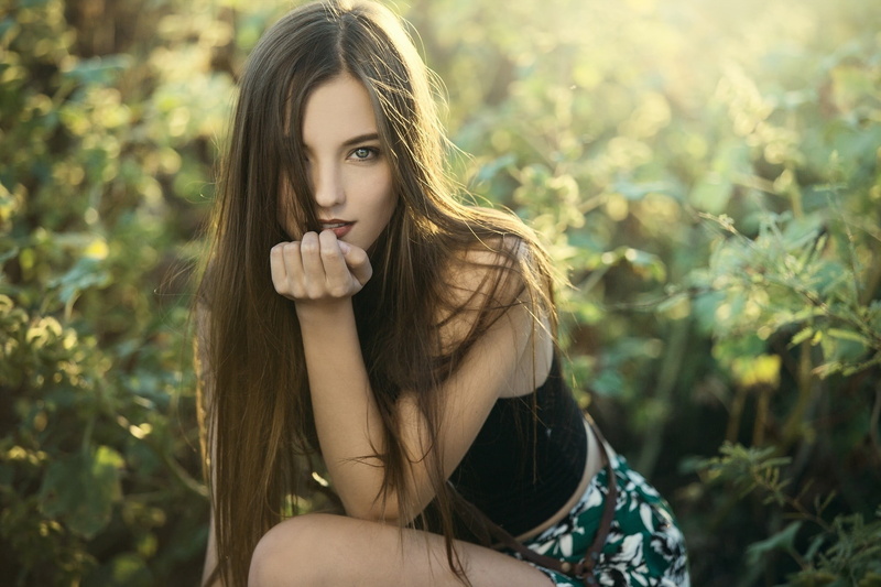 relaxation, top, females, 1080P, sitting, outdoors, meadow, plants, hair, straight hair, black, untitled, women outdoors, day, happiness, adult, grass