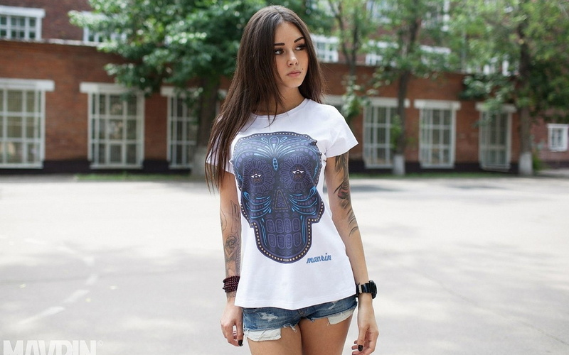 Aleksandr Mavrin, white t-shirt, short shorts, model, jean shorts, Diana Melison, brunette, looking away, 1080P, women, Russian