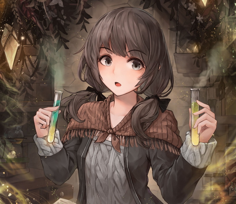 Original, Brown Hair, Grey Eyes, Flower, 1080P, Chemical, Long Hair, bow (Clothing), Twintails, Anime