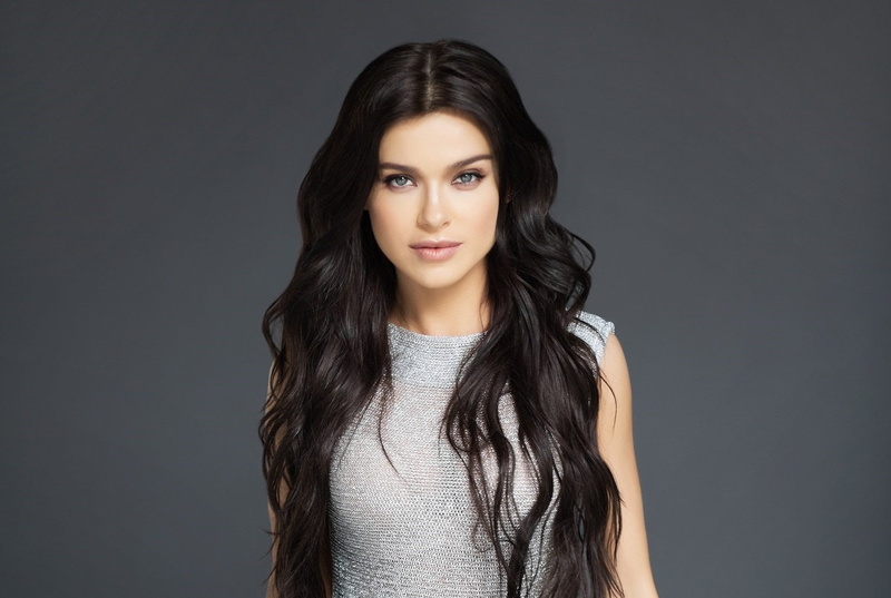 long hair, blue eyes, 720P, Elena Temnikova, simple background, singer, grey clothing, Russian, brunette, gradient, black hair, gray background