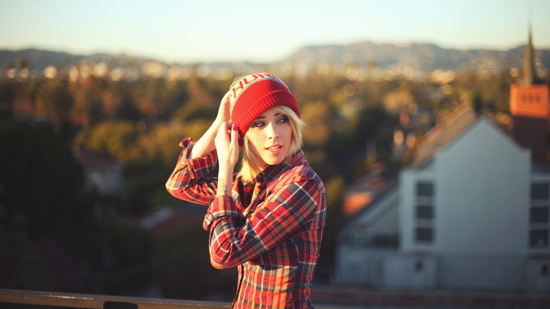 blurred, one person, checked pattern, beauty, portrait, waist up, outdoors, scarf, Alysha Nett, red, shirt, hairstyle, dress, casual clothing, hair, 1080P
