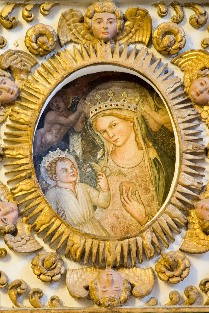 belief, spirituality, angel, basilica copertino, religious, ornate, male likeness, female likeness, Affresco, mural, close-up, religion, madonna, lady