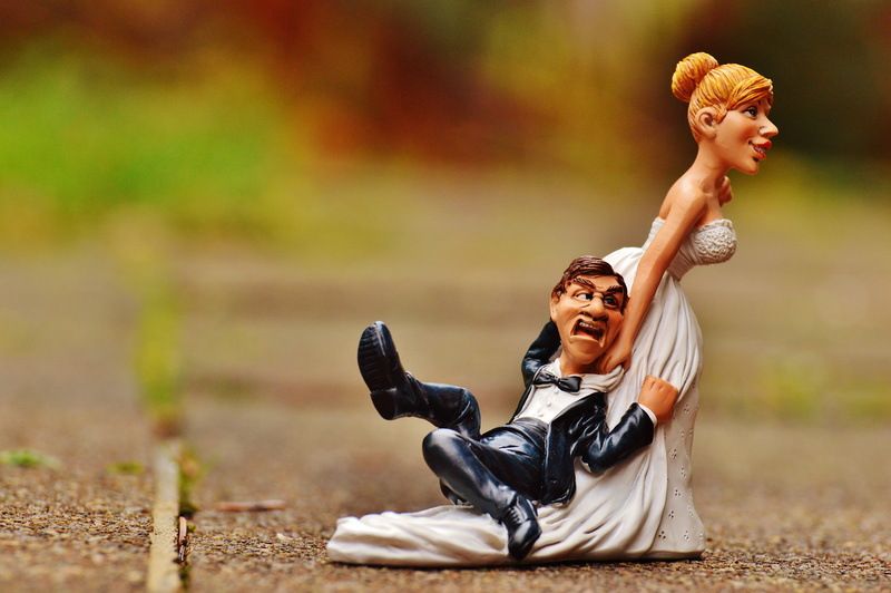 one person, two people, casual clothing, mouth open, bride and groom, lifestyles, fun, 5K, full length, Bride, sitting, grind down the aisle, Grind, adult