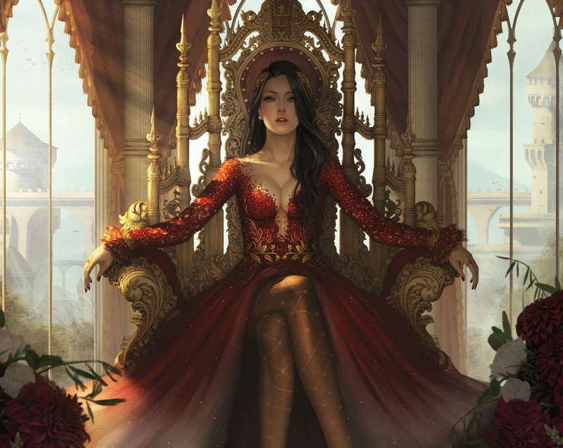 inawong, fantasy, long, 720P, original, hair, red, artstation, dress, quen, woman, beautiful