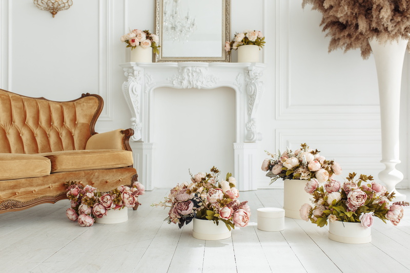 sofa, provance, flowers, pink, interior, fireplace, room, 5K, vintage, design, peonies