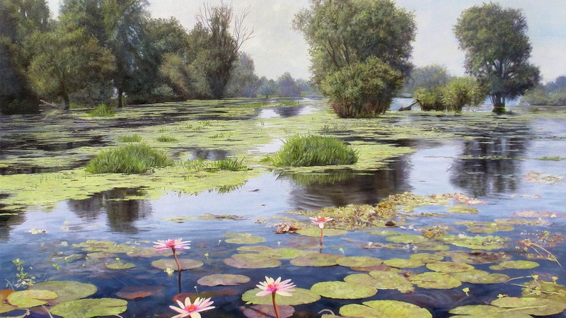 Trees, summer, pond, landscape, 1080P, painting, Zbigniew Kopania, flowers, reflection