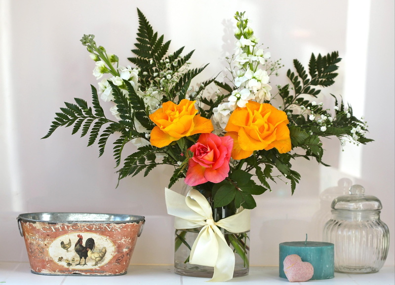 flower arrangement, vase, wood - Material, composition, romance, yellow, arrangement, leaves, pink, elegance, gift, nature, petal, bouquet, indoors, ribbon