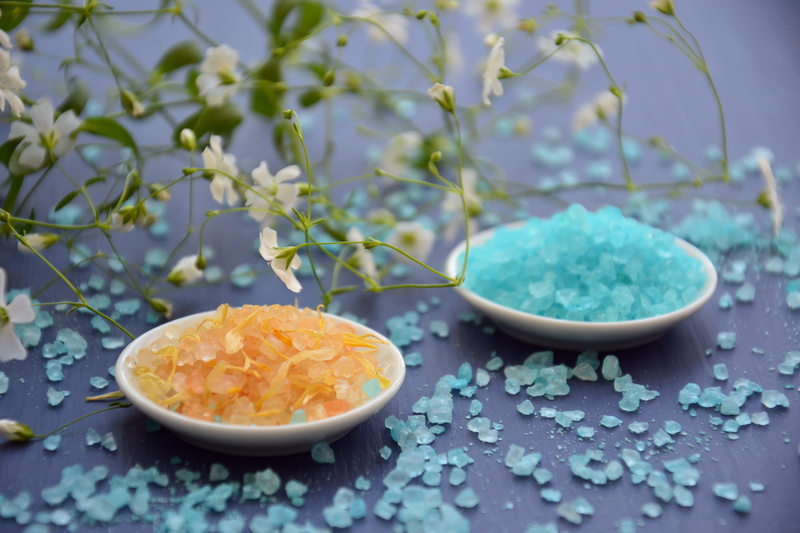 plant, still life, orange salt, healthy eating, relaxation, blue, natural product, nature, day, table, gypsophila, bowl, sea salt, aromatherapy, blue salt