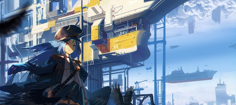 Sky, Blue Hair, Ship, Anime, Original, Girl, Warship, Red Eyes, Katana, 1080P, Cloud, Hat