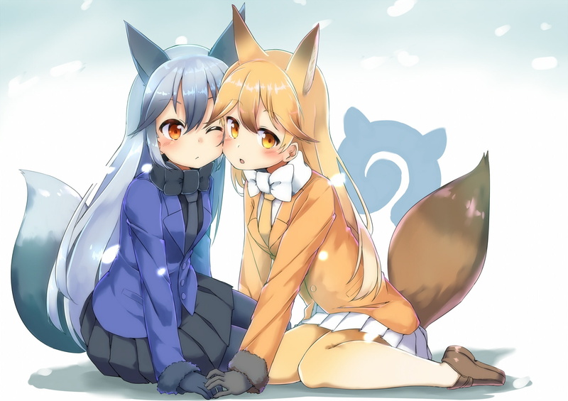 friends, brown, com, eyes, 1080P, bow, foxgirl, animal, konachan, ame, skirt, ears, hair, blonde, sekira, kemono, 238038, yellow, gray, wink, blush, pantyhose