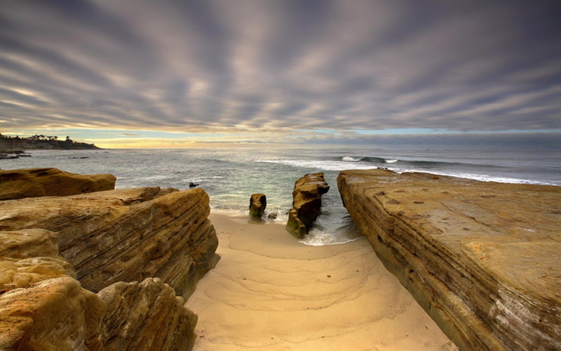 ocean, nature, sstone, beach, nature and landscapes, rock, la, california, waves, sand, clouds, sky, jolla, water, 1080P
